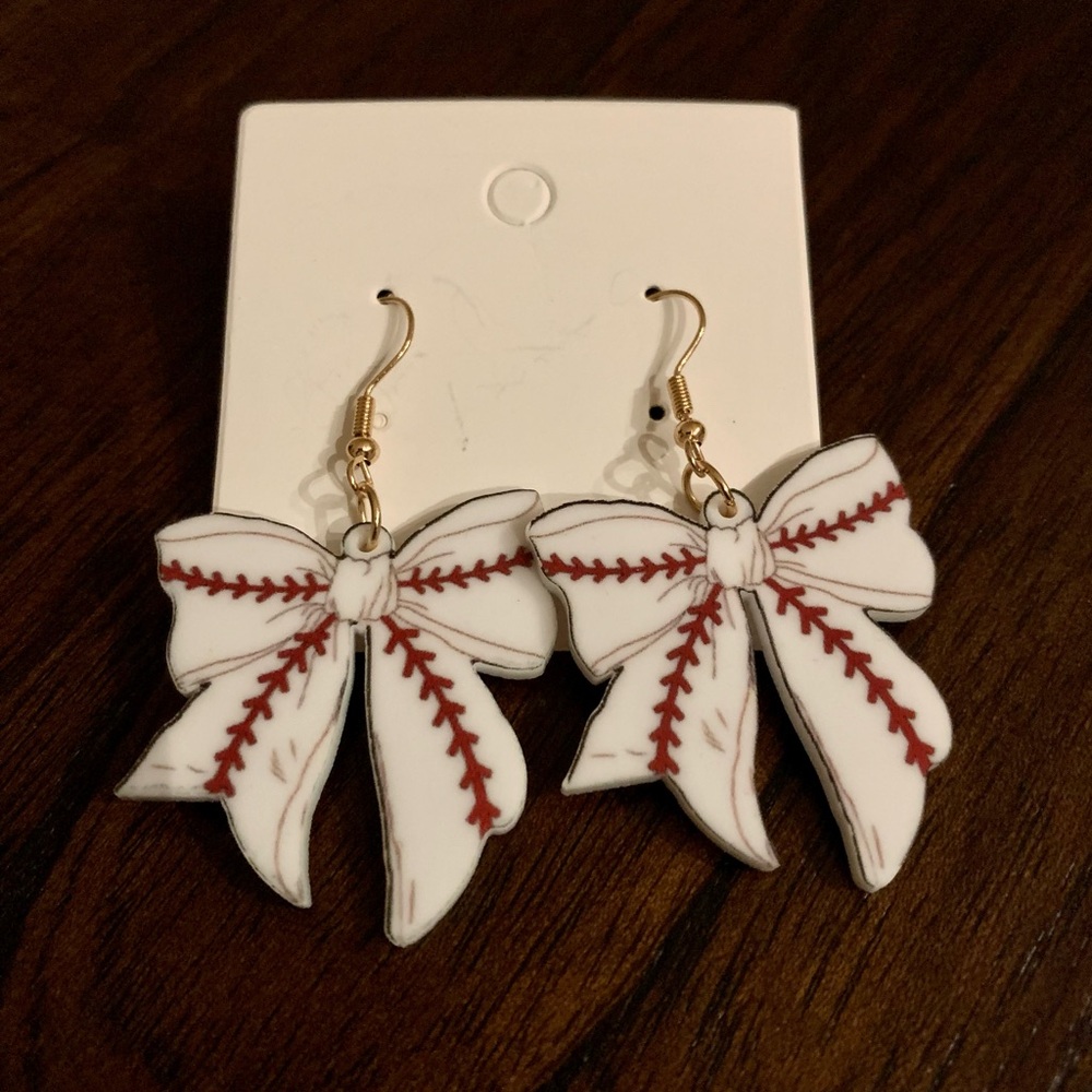 White and Red Bow Baseball Themed Earrings - Picture 2 of 4